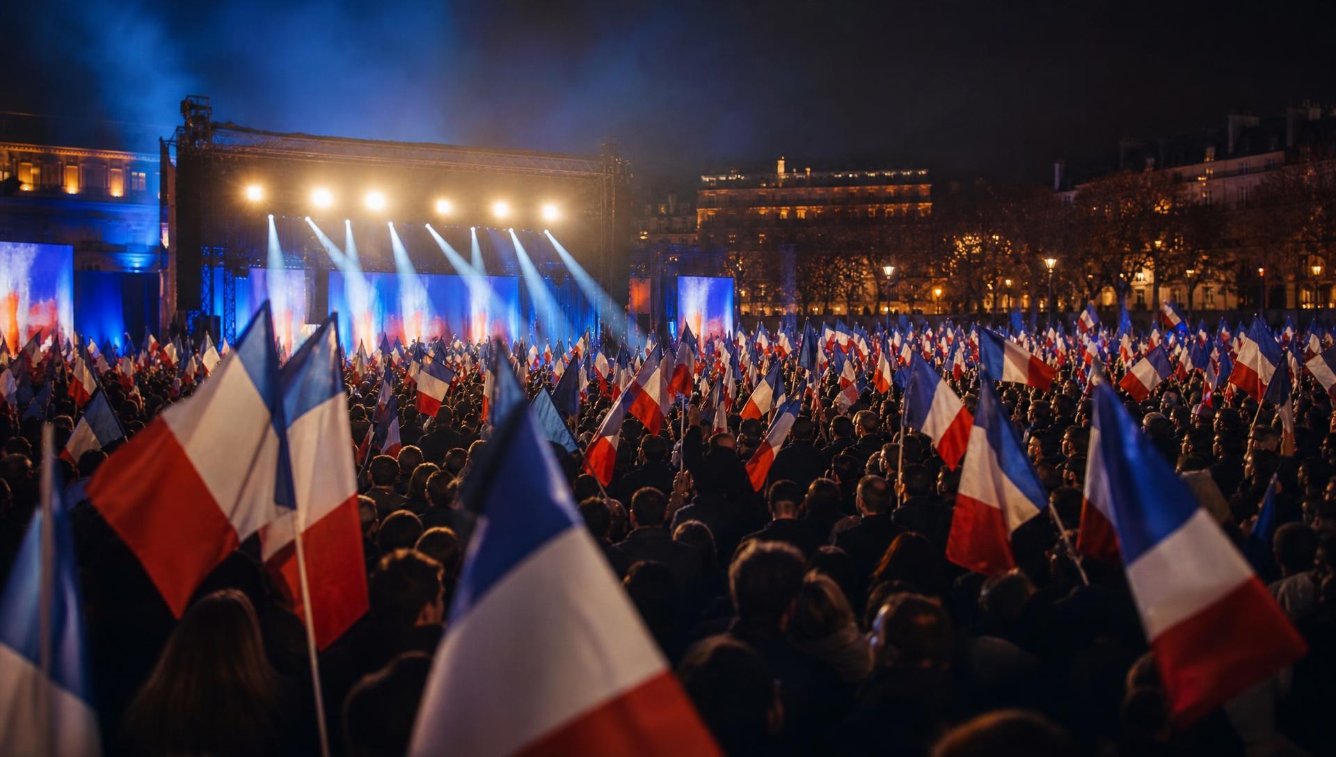 Foule de soutiens et drapeaux français lors d'un meeting de campagne
